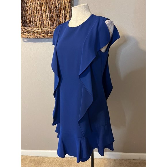 BCBGMaxAzria AnneMarie Dress M Medium Blue Short Sleeve Shift Washable Ruffled - Picture 7 of 13